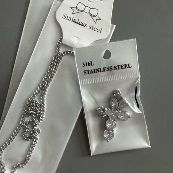 Cubic Zirconia Stainless Steel Cross Pendant Gift Trendy 24” Necklace Silver - Picture 6 of 6